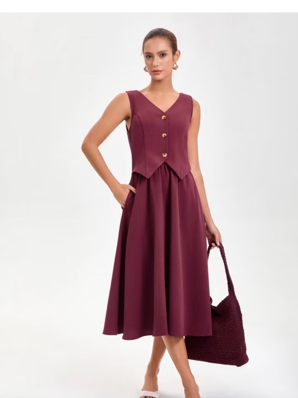 a new day Sleeveless Wine V-Neck Midi Dress